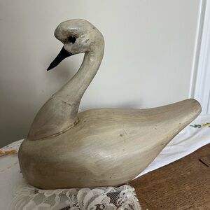 Hand-Carved Wooden Swan Figurine in Distressed Cream